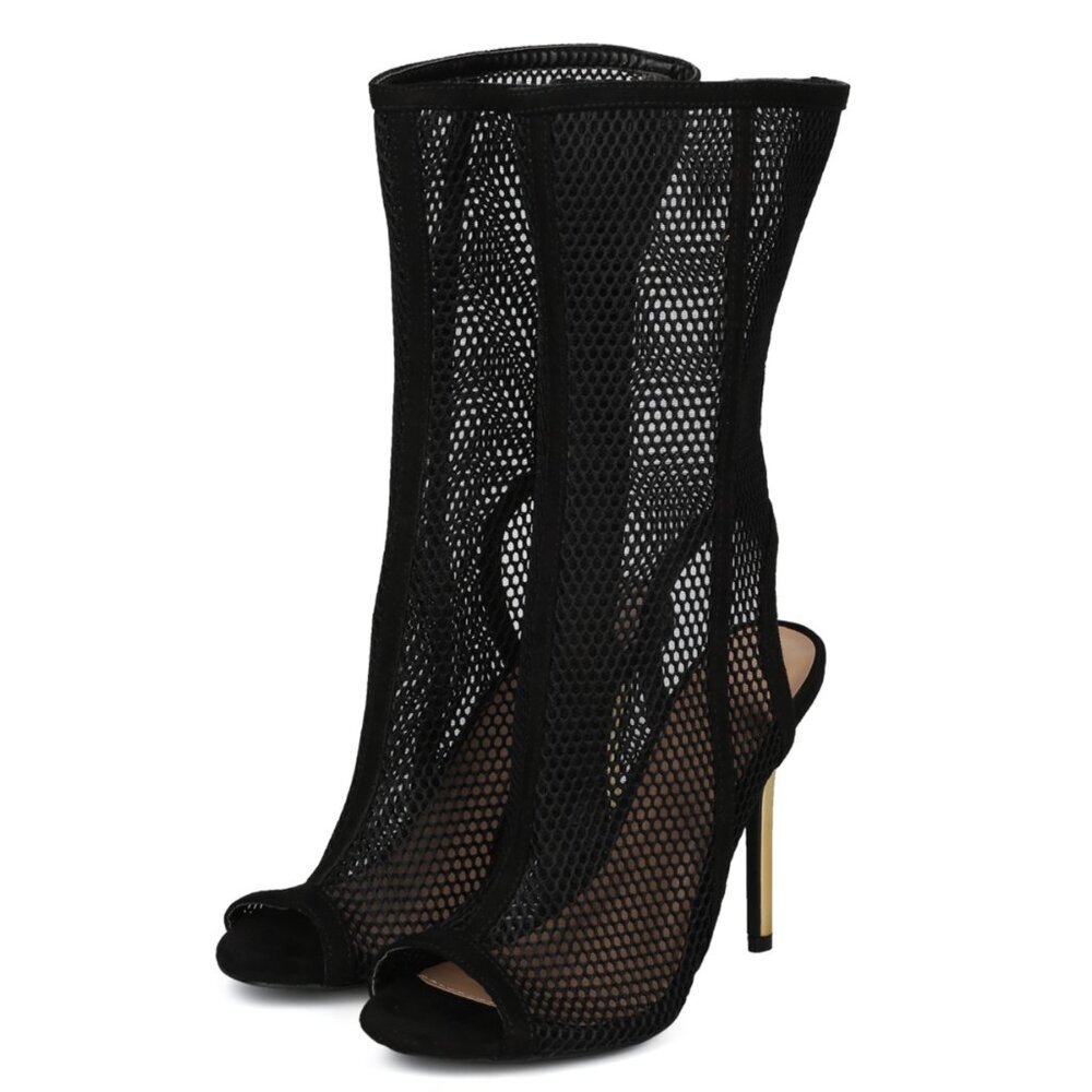 Wild Diva Adele Peep Toe Caged Black Mesh Sandal Gold  Heels SZ 7 - Picture 5 of 10